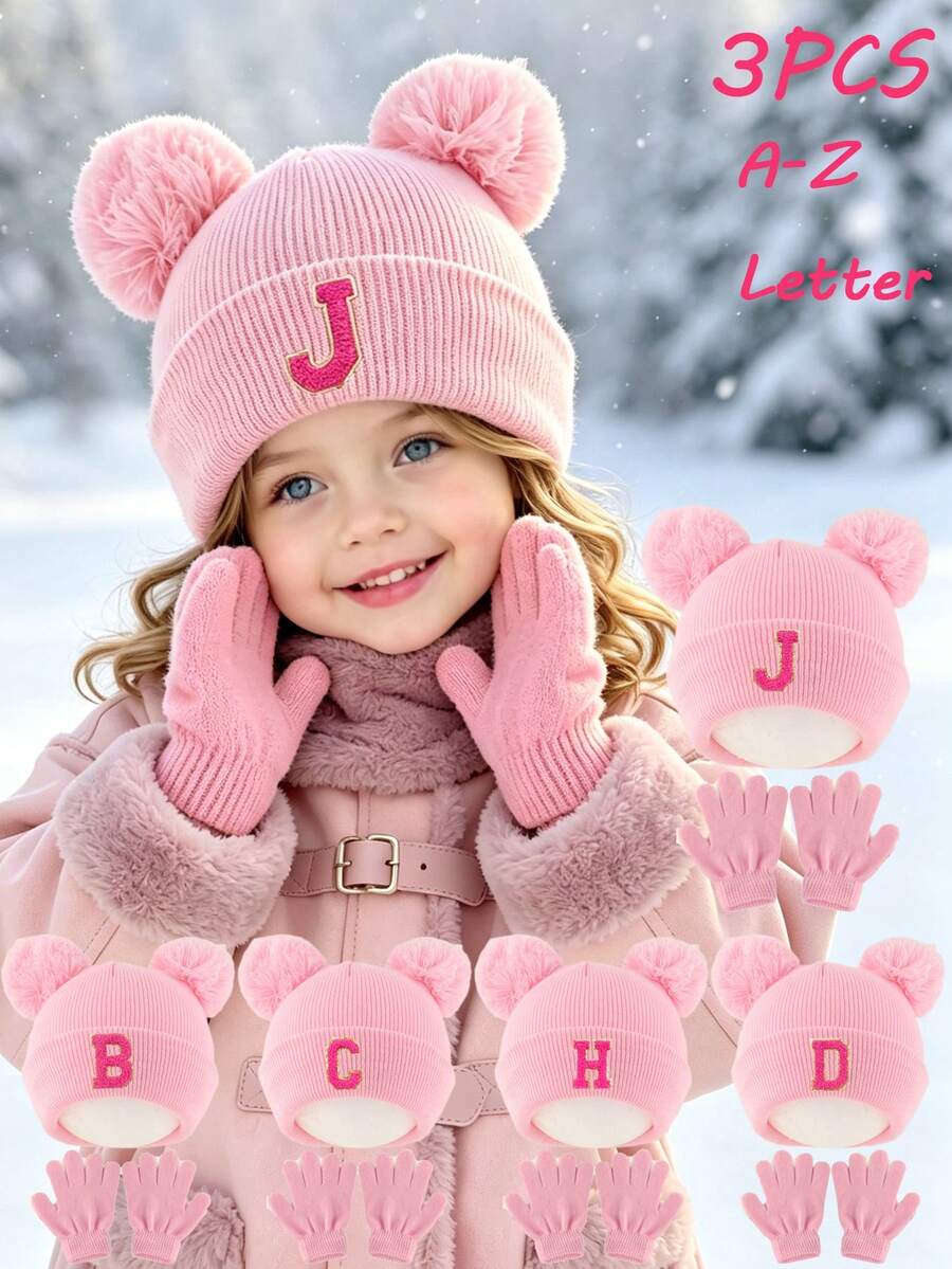 3pcs/Set Girls Winter Hat & Gloves Set, Suitable For 3-8 Years Old, A-Z Letter Knitted Knitted Hat With Pom Pom Ears, Elastic Warm Matching Gloves, Suitable For Cold Weather - Pink - View 1