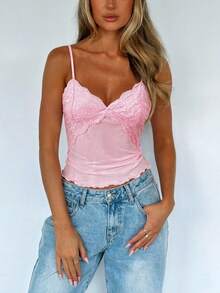 Women Y2K Sheer Lace Mesh Camisole Slim Fit V Neck Open Back Cami Tops Summer Spaghetti Strap Tank Tops Cute Lace Trim Crop Tops Party Club Outfit - 粉色 - 查看 6
