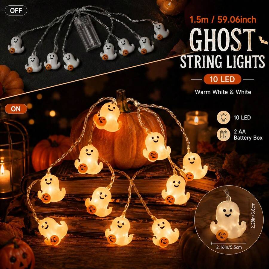 1pc 10 LED Halloween Spooky Ghost With Pumpkin String Light Hanging Indoor And Outdoor Decorative Lamp Battery Powered Suitable For Party Halloween Holiday Bedroom Bar Shop Park Garden Fireplace Tree Decor - Multicolor - View 1