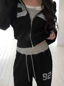 Vintage Printed Distressed Zip-Up Hoodie - Black - View 2