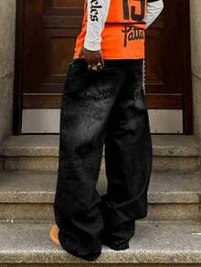 Men Hip Hop Oversized Wide Leg Denim Trousers, Black Baggy Jeans - Black - View 2
