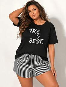 Plus Size Women's Loose Short Sleeve Top + Shorts 2 Pieces Pajama Set Loungewear - Black - View 4