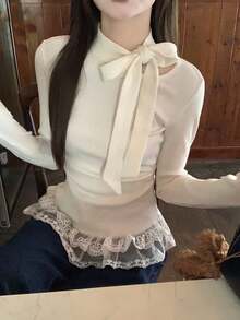 Women's Bow Tie Lace Trim Long Sleeve Base Layer T-Shirt, Sweet Design Inner Top For Autumn/Winter - White - View 6