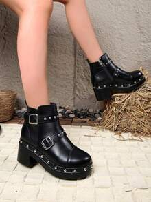 Punk Style Rivet Buckle Thick Sole Ankle Boots For Women, Round Toe Chunky Heel Waterproof Platform Motorcycle Boots With Side Zipper, Cool Design - Black - View 3