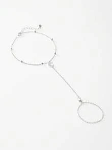 SYMFNY Minimalist Unique Fashion 925 Sterling Silver Ring, Bracelet And Finger Chain Set, Inlaid With Cubic Zirconia Star And Moon Elements - Silver - View 3
