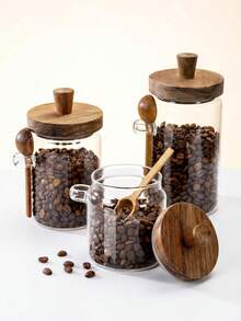 1pc Glass Airtight Storage Jar With Walnut Wood Lid, High-Definition Glass With Silicone Seal Ring, Suitable For Storing Snacks, Cookies, Coffee Beans, Salt, Sugar, Etc. - Clear - View 10