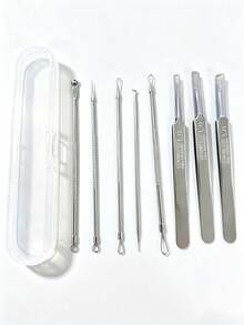 8pcs Blackhead Removal Tool Set, Acne Tweezers, Acne Extractor, Pimple Picker, Blemish Removal Set, Facial Skincare Tools, Stainless Steel Blackhead Remover - A - View 8