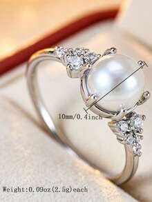1pc Elegant Silver Tone Faux Pearl Ring, Sparkling Rhinestone Inlaid Crown Shape Promise Ring, Luxury Wedding Party Statement Jewelry For Women - Pearl Ring - View 3