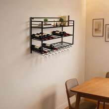 3-Tier Industrial Style Wall-Mounted Wine Rack, 80*25*55 Cm Metal Wine Bottle Holder For Home Bar, Kitchen And Pub Decor - 黑色 - 查看 5