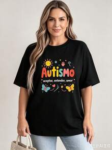 Camiseta gráfica femenina estampado mariposa autismo, corte informal, lavable aáquina - Negro - Ver 4