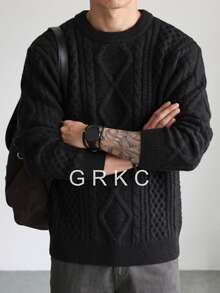 GRKC 秋冬中性復古舒適休閒純色粗繩編織圓領套頭毛衣 - 黑色 - 查看 1