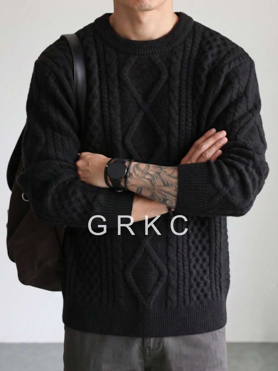 GRKC 秋冬中性復古舒適休閒純色粗繩編織圓領套頭毛衣 - 黑色 - 查看 1