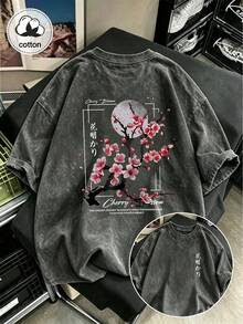 大尺碼女款水洗棉短袖T恤，花卉圖案，雙面印花，復古寬鬆版型，Y2K街頭風休閒夏季黑色 - 黑色 - 查看 11