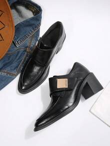 Women's Textured Stitching Square Metal Decor Minimalist Solid Color Pointed Toe Strap Loafers With Block Heel, Urban Commute Business Meeting Cocktail Party Date Spring Autumn Black Shoes - Black - View 7