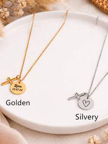 Personalized Cross Round Pendant Necklace, Engravable Name Date Or Heart, Stainless Steel Memorial Pendant Necklace, Suitable As Birthday Anniversary Gift For Family, Partner And Friends - Multicolor - View 8