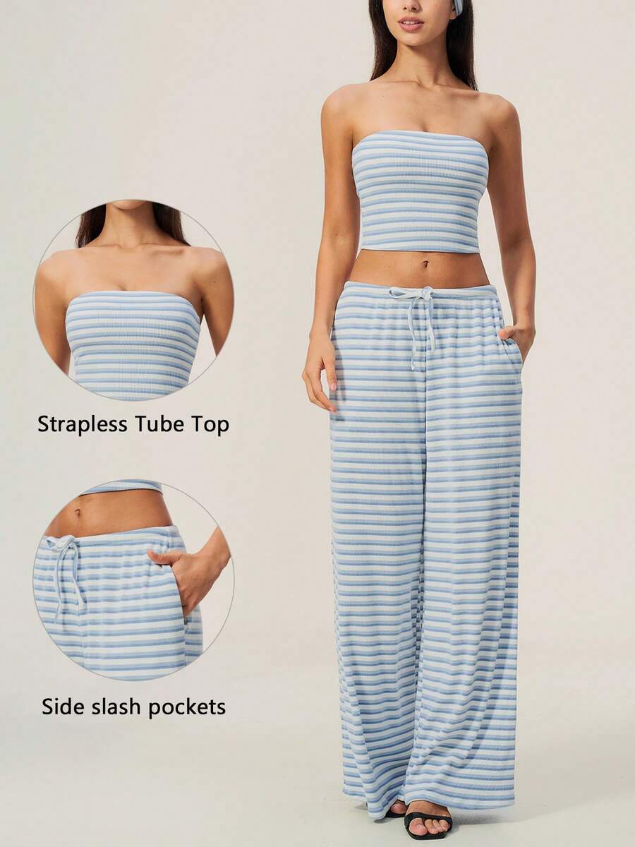 TimeOff Women's One Set Striped Strapless Bandeau Tank Top With Drawstring Waist And Side Pockets Wide Leg Pants 2 Pieces Set - Baby Blue - View 1