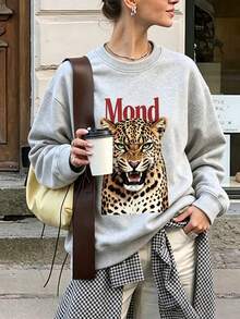 Autumn/Winter New Women's Round Neck Sweatshirt Leopard Print Fashion Versatile Street Casual - Dark Gray - View 4