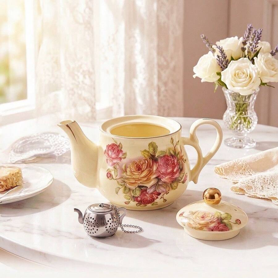 Cottagecore Vintage Rose Print Ceramic Teapot With Stainless Steel Tea Infuser, Retro Floral Loose Leaf Tea Pot For Tea Lovers, Aesthetic Home & Kitchen Decor - Beige - View 1