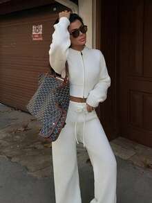 Women's Ribbed Knit 2 Pieces Set, Fashionable Short Double Zipper Sweater With Drawstring Wide Leg Pants, Autumn/Winter Warm Outfit - White - View 4