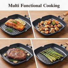1pc Maifan Stone Non-Stick Steak Grill Pan, Square Striped Frying Pan With Wooden Handle, Oil-Saving Grilling Pan, Suitable For Steak, Meat, Fish And Home Kitchen Cooking - View 7