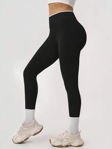 NcmRyu 1件女款拼色羅紋高腰柔軟運動緊身褲，適用跑步、健身房、瑜珈、皮拉提斯、網球、高爾夫、徒步、戶外運動 - 黑色 - 查看 6