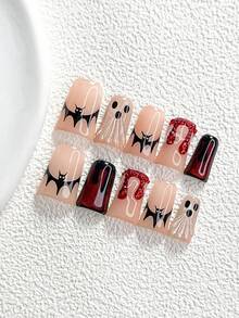 10件組萬聖節主題平價奢華手工穿戴甲，Polygel美甲套組，幽靈與蝙蝠金紅配色，甜酷風，含美甲工具，3種尺寸可選，杏仁/鴨嘴/棺材形，適合派對、舞會與日常配戴 - 彩色 - 查看 16