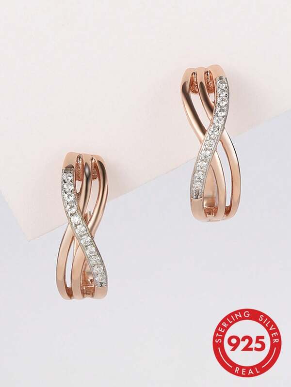 1 Pair Rose Gold 925 Sterling Silver Twisted Hoop Earrings, Pave Cubic Zirconia Intertwined Huggie Earrings, Minimalist Jewelry For Women Daily Wear And Party