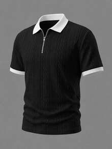 男士夏季紋理提花鈕扣領 Polo 衫，適合日常通勤、旅行、度假與外出，休閒極簡風，都市成熟風格，英倫紳士風 - 黑色 - 查看 2