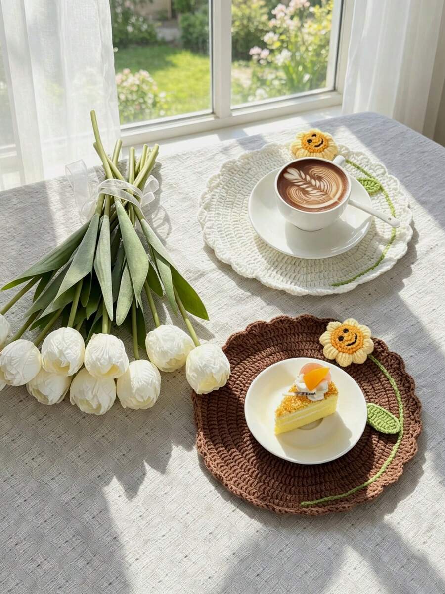 1pc Handmade Knitted Coaster, Desktop Heat Insulation Protection Mat, Yarn Woven Placemat Coaster - White - View 1