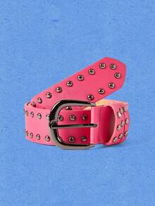 Popjeli 1pc American Style Fashion Casual Rivet Minimalist Versatile Women's PU Leather Belt - Hot Pink - View 2