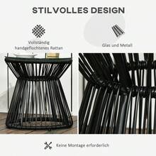 Mesa de Jardín Redonda con Diseño de Tambor Hueco, Mesa Bistro con Tablero de Vidrio, Mesa de Centro Negra para Jardín y Balcón - Negro + Ratán - Ver 6