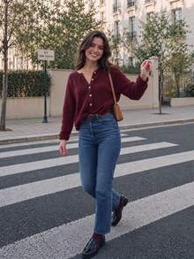 Women Fall Elegant Casual Red Knit Round Neck Button Up Long Sleeve Cardigan For Vacation Office Going Out - Dark Red - View 3