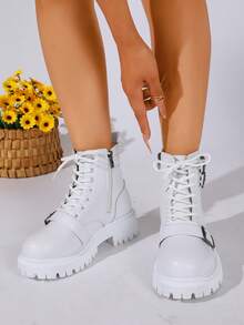Women's White Buckle Decor Ankle Boots, Lace-Up Thick Sole Work Boots - White - View 4