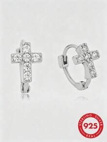 1 Pair Minimalist 925 Sterling Silver White Zirconia Cross Earrings, Small And Round, Suitable For Daily Wear, High-Quality Women's Accessory And Great Gift Choice - RS0021-s - View 1
