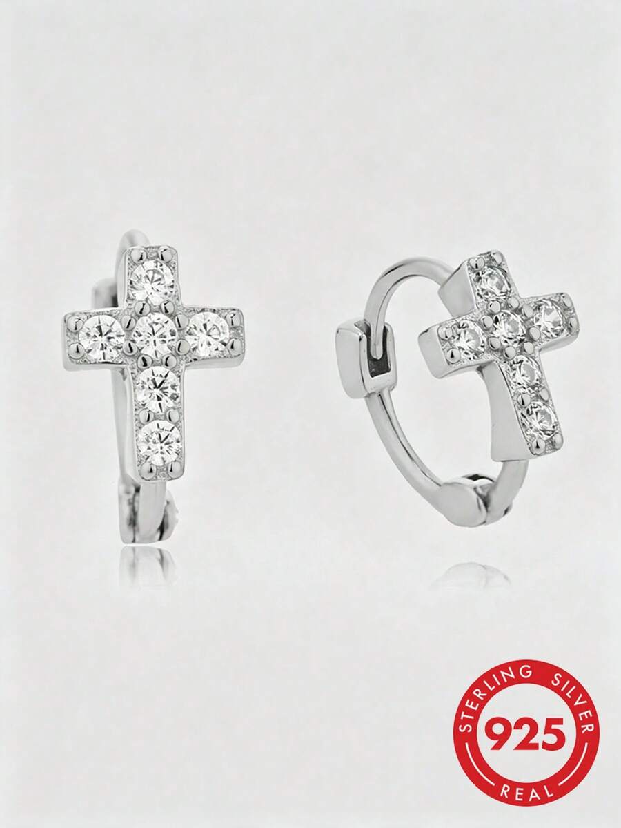 1 Pair Minimalist 925 Sterling Silver White Zirconia Cross Earrings, Small And Round, Suitable For Daily Wear, High-Quality Women's Accessory And Great Gift Choice - RS0021-s - View 1