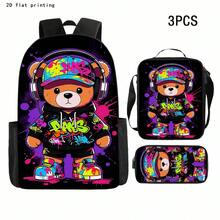 Graffiti Bear Backpack With 2D Flat Print, Large Capacity, Lightweight, Durable, Shoulder Bag, Colorful Splatter Street Headphone Bear Art Print, Suit - Style 3 - View 2