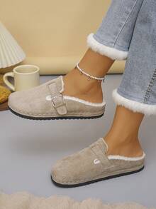 Women's Comfortable Soft Fur Lined Slip-On Closed-Toe Mule Slippers With Buckle Design, Casual Style, Autumn/Winter Daily Home Slippers, Khaki Color, Plus Size - Khaki - View 1