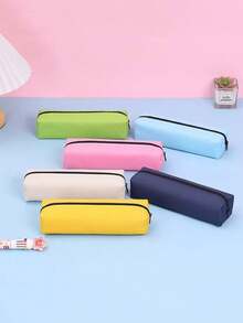 Solid Color Round/Rectangular Oxford Cloth Pencil Case, Minimalist Zipper Stationery Bag, Large Capacity Pencil Box, Portable Storage Tube, Durable Storage Bag - Multicolor - View 3