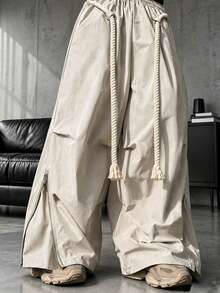 HEYKESON Men's Side Slit Zipper Cable Knit Drawstring Wide Leg Casual Cargo Pants - Khaki - View 3