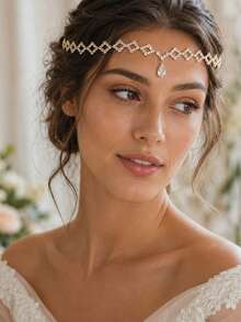 outingfit 1pc New Rhinestone Water Drop Shaped Hair Chain, Fashion Shiny Bridal Hair Accessory - Gold - View 1