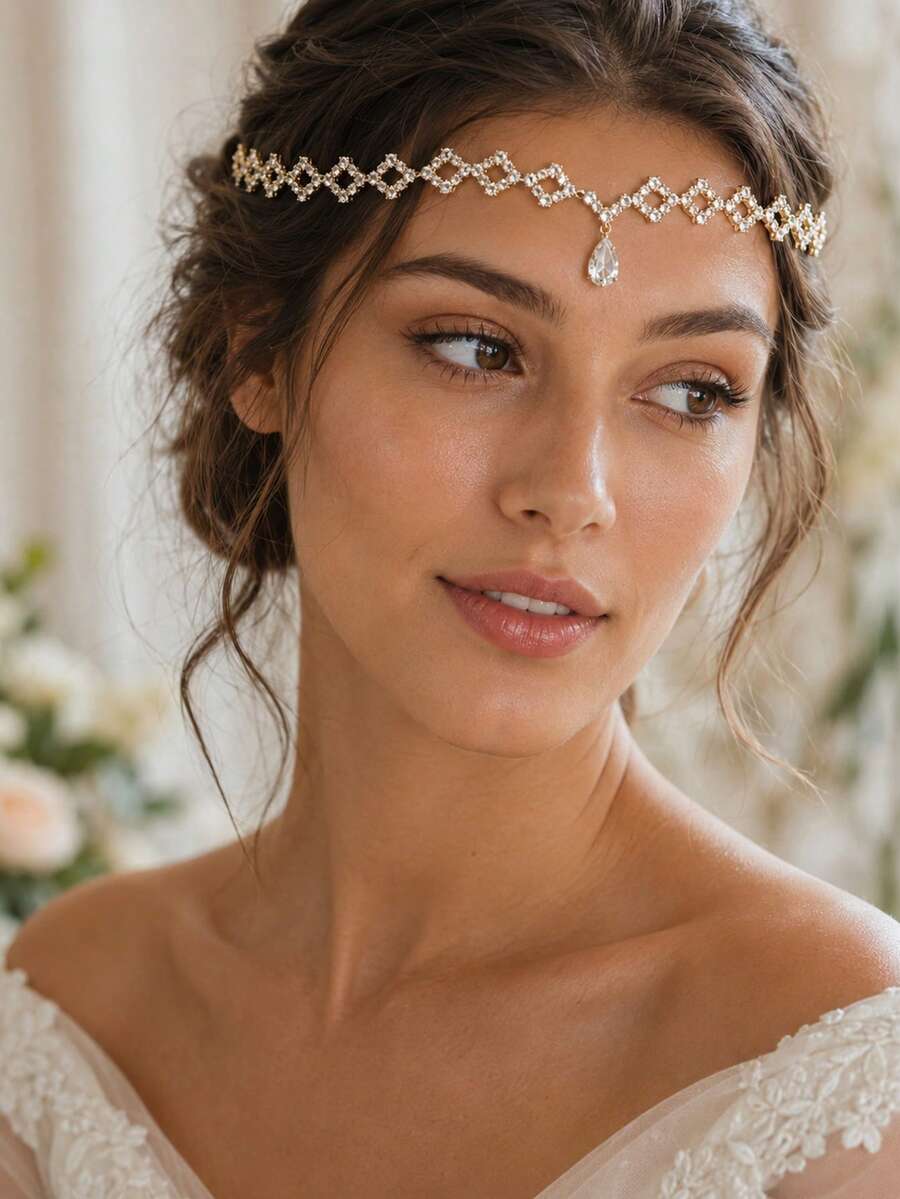 outingfit 1pc New Rhinestone Water Drop Shaped Hair Chain, Fashion Shiny Bridal Hair Accessory - Gold - View 1