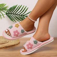 Floral Plant Fresh Soft Fuzzy Comfortable Flat Slippers For Home Floor - Pink - View 2