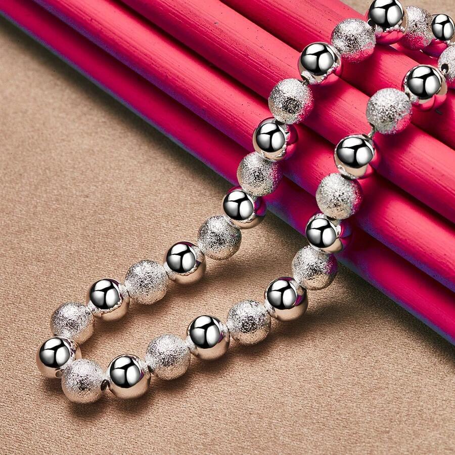 925 Sterling Silver Plated 8mm Bead Ball Chain Matte Smooth Necklace For Woman Man Wedding Engagement Party Jewelry - Silver - View 1