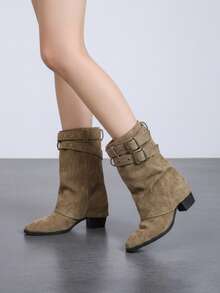 Double Buckle Western Style Mid-Calf Boots, Plus Size Wide Fit Black Square Toe Chunky Heel Slouch Fashion Boots - Khaki - View 2