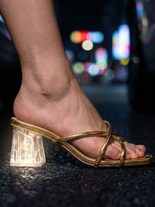 法式方頭交叉細帶高跟涼鞋 透明粗跟露趾戶外穿著女鞋 優雅通勤款 - 金色 - 查看 3
