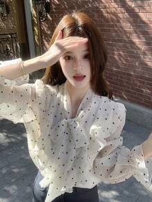 Blus Pelindung Matahari Motif Polkadot Hati Berkerut Gaya Prancis, Atasan Lengan Panjang Longgar dengan Pita dan Tali Pengikat - Aprikot - View 2