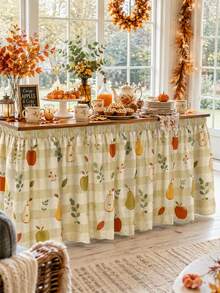 1pc Minimalist Green Plaid Autumn Party Tablecloth With Harvest Fruit Pattern, Suitable For Birthday Party And Autumn Party Events, Holiday Decoration Tablecloth - Multicolor - View 3