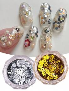 2瓶金銀色花朵美甲亮片迷你5瓣金屬感花卉美甲裝飾，亮面DIY美甲裝飾美甲用品，適合女性 - 彩色 - 查看 2