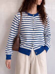 Women's Casual Minimalist Retro Striped Round Neck Cardigan Jacket, Autumn/Winter Fall - Blue and White - View 1