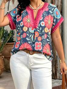 Plus Size Women's V-Neck Printed Short Sleeve Blouse, Roll-Up Sleeves, Casual Woven Top, Perfect For Spring And Summer Wear - Multicolor - View 4